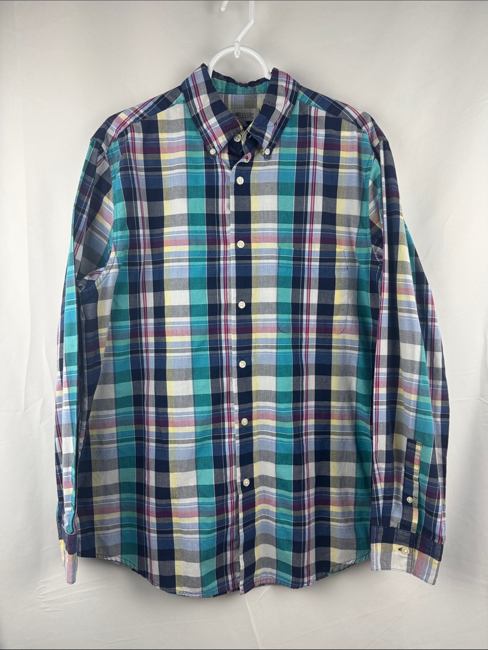 Sun River Men’s Button Down Collar Plaid Shirt  Navy Green Size L